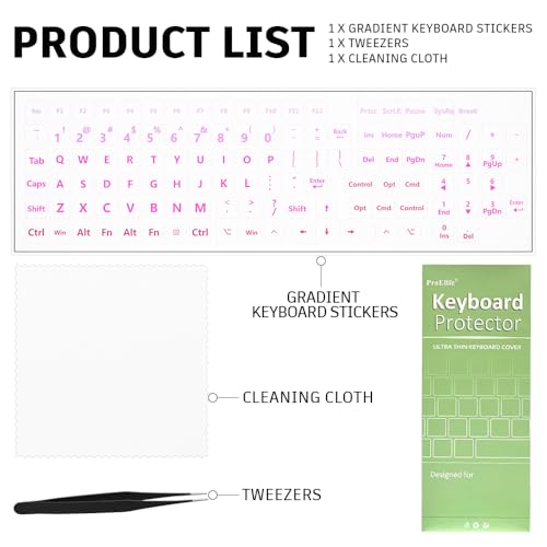ProElife Gradient Keyboard Letter Stickers with Tweezer,Full-Key, Pink | English Transfer Printing Peel-Off Film, Leave English Letters on Keys, Keyboard Letters Replacement Stickers for Desktop - color: Pink
