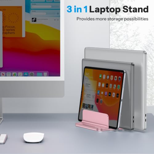 OMOTON 3-Slot Multiple Vertical Laptop Stand, Fits MacBook, Rosegold | Adjustable Width 0-1.38", Aluminum Office Space-Saving for Desk, Fits MacBook/Book/iPad Up to 17.3in - color: Three solt，RoseGold