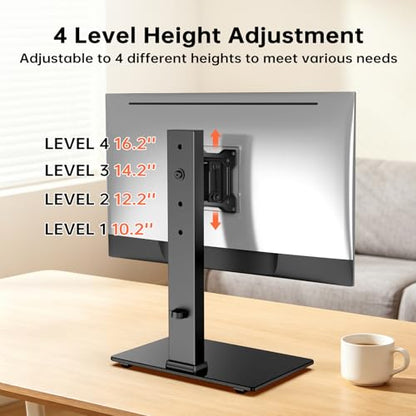 Afaloona Freestanding Single Monitor Stand for 13-32 Inch Monitor, No Clamp | Max Load 77lbs | Tempered Glass Base | ±25° Swivel | -5° to +10° Tilt | 360° Rotation | 4 Height Options | VESA 75×75/100×100 - size: Single Monitor Stand