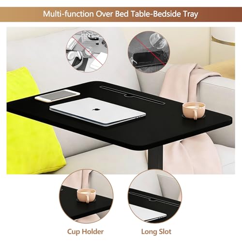 BeGyoku Overbed Table,Over The Bed Table with Hidden Wheels&Cup Holder,Adjustable Bedside Table and Rolling Table Tray&Laptop Cart,Hospital Table Over Bed for Home Use (Black) - color: Black