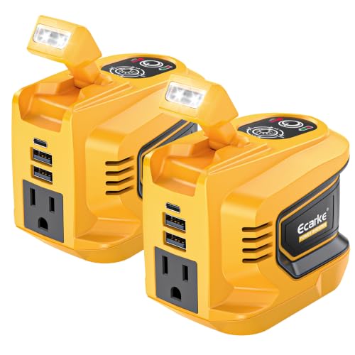Ecarke 220W Power Inverter Compatible with DeWALT 20V Battery (Tool Only), DC 20V to AC 110V Power Station with 1 AC Outlet, 2 USB-A, 1 Type-C & LED Light for Camping Outdoor Emergency(2-Pack) - color: Yellow, size: 2-pack