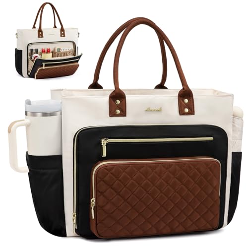 LOVEVOOK Teacher Tote Bag for Women, Laptop Bag Work Bags Computer Bag, Professional Briefcase Business Large Purses Handbag Gifts, Black-Beige-Brown, 17 Inch - color: Black-beige-brown, size: 17.3 inch