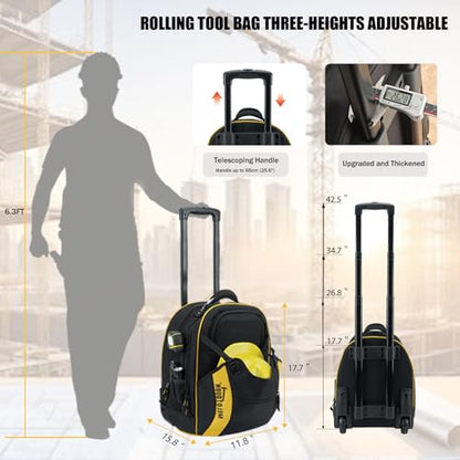MELOTOUGH Rolling Tool Bag with Telescoping Handle 35 Pockets Wheeled Electrician Backpack Tool Bag For Men,Water Resistant Tool Storage Organizer Including Laptop Sleeve (Yellow） - color: Yellow