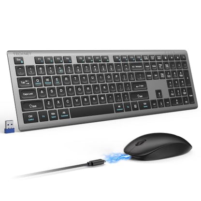 TECKNET 2.4G Rechargeable Ultra-Slim Wireless Keyboard and Mouse Combo | 2.4G Stable Connection, Full-Size Scissor Switch Keyboard with 12 Multimedia Keys, Silent Mouse, Ergonomic Design, Grey - color: Gray
