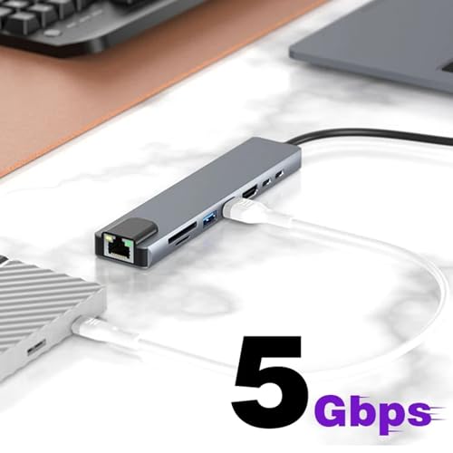 USB C Hub Adapter Laptop Docking Station 8 in 1 USBC Dongle to 4K HDMI,Ethernet,2 USB,Type-C,SD TF Card Reader,PD 100W Compatible with iPhone16/MacBook/Dell and Other Type C Laptops Device