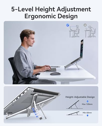 ORICO Portable Laptop Stand for Travel & Desk, Ultra-Compact Foldable Aluminum 3-in-1 Riser for Laptop, Tablet & Phone, 5 Adjustable Heights, Compatible with MacBook/HP/Dell/iPad/iPhone – PN1 (Silver)
