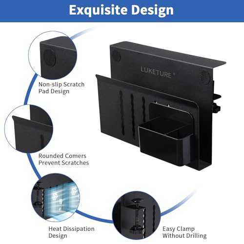 LUKETURE Desk Side Storage, No Drill Laptop Mount with Pen Holder, Clamp-On | Fits Flat Edge Desks 0.3 to 2.8 Inches,Secure Grip on Wood, Glass, or Metal Surfaces Without Slipping - color: Black(1 Tie)