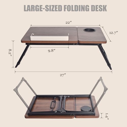 Adjustable Laptop Desk for Bed and Couch, Foldable Portable Lap Desk for Adults, Multi-Angle Bed Table Tray for Laptop and Writing, Lap Stand with Foldout Legs for Reading & Breakfast-Walnut Brown