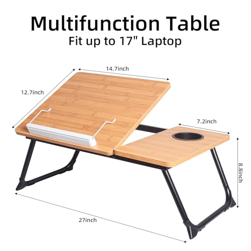 Adjustable Laptop Bed Table with Book Stand, Portable Reading Desk with Side Panel, Wood Grain - color: Bamboo Wood