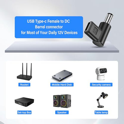 12V USB C to DC 5.5 x 2.1mm Converter,90 Degree DC 5.5 x 2.1mm Male to USB C Female PD Emulator Trigger Adapter,for Camera, Router，LED Light（4-Pack）