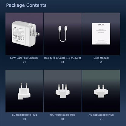 65W GaN PD/PPS USB-C Travel Wall Charger, Interchangeable US/EU/UK/AU Detachable Plugs, 3.9ft USB-C Charging Cable, Universal Fast Travel Adapter Compatible with MacBook, iPhone, Laptops & Tablets