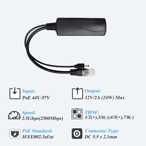 2.5G PoE Splitter 12V/2A, DC 5.5 * 2.1mm Plug, 48V PoE to DC 12V/2A 24W Output, 2.5Gbps Ethernet Comply IEEE802.3af/at, Plug and Play for IP Camera, Smart Home - style: PS5712TG-X DC 12V/2A