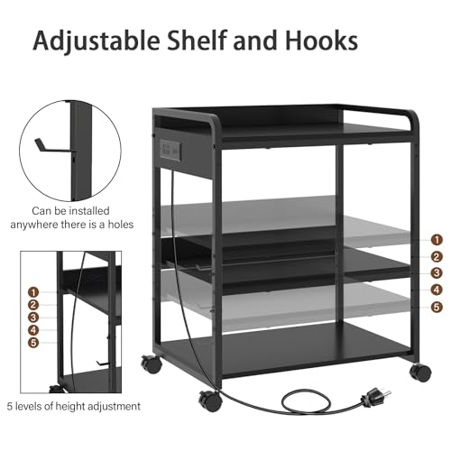 Livofloral Printer Stands with Charging Station, 25.2 x 18.9 Inch Large Printer Stand with Wheels for Home Office, 3 Tier Printer Table with Power Outlet USB Port, Printer Shredder Stand, Black - color: Black