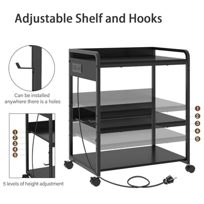 Livofloral Printer Stands with Charging Station, 25.2 x 18.9 Inch Large Printer Stand with Wheels for Home Office, 3 Tier Printer Table with Power Outlet USB Port, Printer Shredder Stand, Black - color: Black