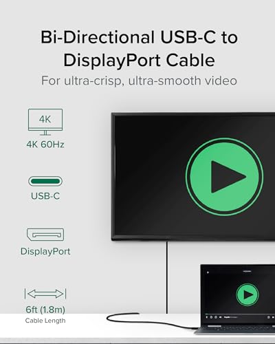 Plugable USB C to DisplayPort Bi Directional Cable 6 feet (1.8m), Up to 4K at 60Hz, USB C DisplayPort Cable - Compatible with Thunderbolt and USB-C - Driverless