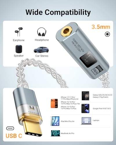 MoKo USB C to 3.5mm Jack Audio Adapter, Dual DAC Chip CX31993 & MAX97220 | Built-in HiFi Amplifier, 32bit/384KHz Hi-Res Certified, Supports In-line Controls, For Android iPhone PC Mac Switch PS5, Grey - color: Grey