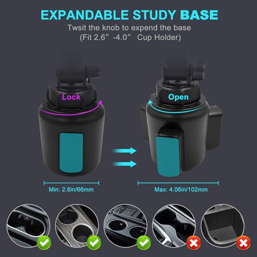Cup Holder Car Tablet Mount, 360° Adjustable 2-Arm Stand Holder for iPad Pro 12.9/11/10.5/9.7/Air/Mini 6/5/4, Galaxy Tab/Z Fold 6/5, Amazon Fire HD, iPhone 16/15/14/Pro, 4.7-12.9" Tab & Phone - size: 11.4"