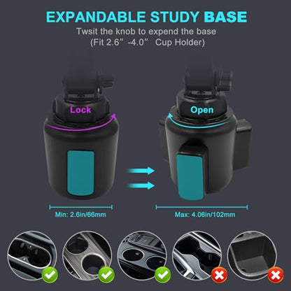 Cup Holder Car Tablet Mount, 360° Adjustable 2-Arm Stand Holder for iPad Pro 12.9/11/10.5/9.7/Air/Mini 6/5/4, Galaxy Tab/Z Fold 6/5, Amazon Fire HD, iPhone 16/15/14/Pro, 4.7-12.9" Tab & Phone - size: 11.4"