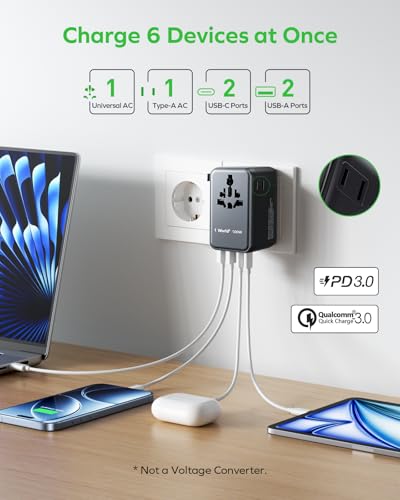 MOMAX 6-in-1 Universal Travel Adapter, GaN 100W International Power Adapter, 2 AC, 2 USB-C PD Fast Charging & 2 USB-A QC, All-in-one International Plug Adapter for Travel European UK AUS JP - color: Black, size: 100W