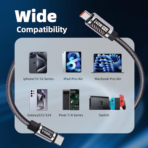 TBBGA 240W USB C to USB C Cable，5FT Nylon Braided Type C | Fast Charging Cable for iPhone 16/16 Plus/16 Pro/16 Pro Max/15, MacBook Pro, iPad Pro, for Galaxy S25/S24,Switch,Pixel(Black)