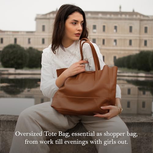Italian Leather Tote Bag for Women - Large Shoulder Shopper, Fits 16” Laptop, Keychain Holder, Made in Italy - color: Dark Brown