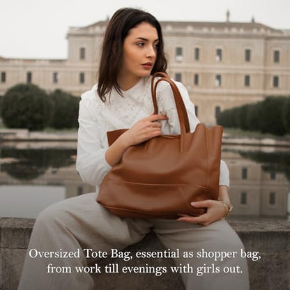 Italian Leather Tote Bag for Women - Large Shoulder Shopper, Fits 16” Laptop, Keychain Holder, Made in Italy - color: Dark Brown