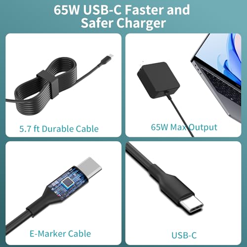65W USB C Laptop Charger for Home Office Travel, PD Adapter with Foldable Plug & Lengthened Cable, Type C Fast Charger Compatible with MacBook, Dell XPS, Lenovo ThinkPad, HP, Huawei MateBook and More