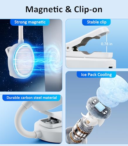 Magnetic Phone Fan with Ice Cooling, 3-in-1 Clip on Fan | Phone Stand, Rechargeable Mini Handheld Fan, 360° Flexible Gooseneck Portable Fan for Cruise Travel Desk Gym Makeup（White） - color: White