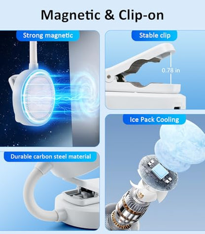 Magnetic Phone Fan with Ice Cooling, 3-in-1 Clip on Fan | Phone Stand, Rechargeable Mini Handheld Fan, 360° Flexible Gooseneck Portable Fan for Cruise Travel Desk Gym Makeup（White） - color: White