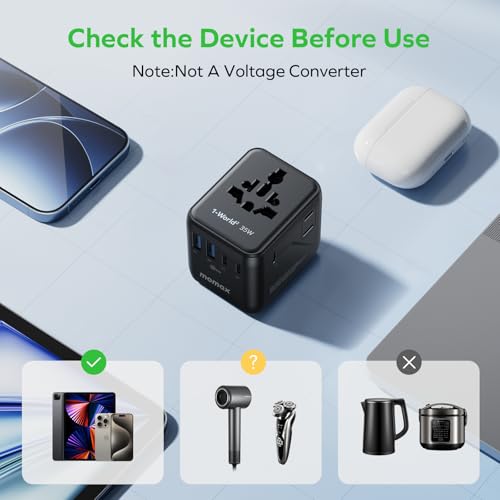 MOMAX Universal Travel Adapter 7-in-1, All-in-one European Travel Plug Adapter with 3 USB-C PD & 2 USB-A QC & 2AC, International Power Adapter Outlet for Travel UK/EU/AUS/JP, Travel Essentials(Black) - color: Black, size: 35W