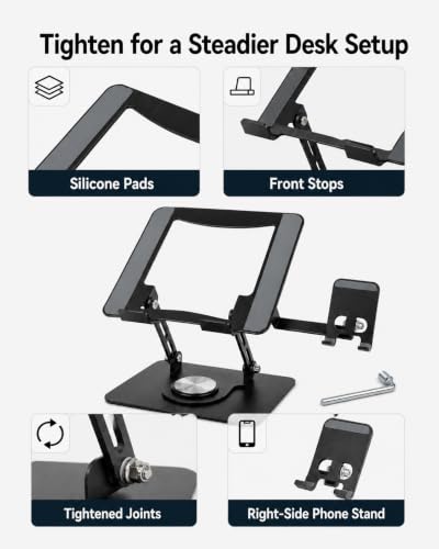 2-in-1 Laptop Stand with Phone Holder, 360° Swivel Laptop Riser for Desk | Fits 10-16 Inch Laptops, Height and Angle Adjustment, Carbon Steel Frame, Silicone Contact Pads, Fold-Flat Storage, 1 Pack
