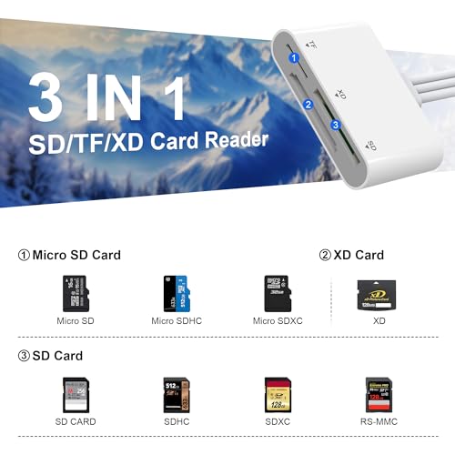 XD Card Reader, SD Card Reader for iPhone, 3 in 1 SD/TF/XD Picture Reader for Lightning/USB C/USB A Device, Lightning+USB A+USB C xd Picture Card Adapter for iPhone 16/15/14/13/iPad/PC/Android - color: White
