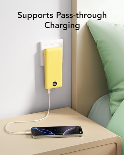 VRURC 10000mAh Power Bank, 22.5W USB C Portable Charger, Yellow | Built-in AC wall plug and cables, LED display, airline approved, slim 8 oz design - color: Yellow