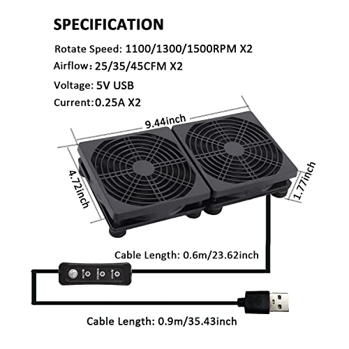 120mmx2 240mm 5V USB PC Computer Router Cooling Fan with Speed Controller | 240x120x25mm USB Cooling Fan with 3-Speed Controller - Extending Equipment Life for PC, PlayStation, Modem, DVR, and TV Box - size: 240mm
