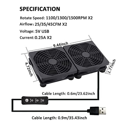 120mmx2 240mm 5V USB PC Computer Router Cooling Fan with Speed Controller | 240x120x25mm USB Cooling Fan with 3-Speed Controller - Extending Equipment Life for PC, PlayStation, Modem, DVR, and TV Box - size: 240mm