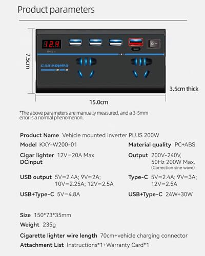 200W Car Power Inverter, DC 12V to 110V AC Car Plug Adapter Outlet with 1 QC3.0 [24W USB-C] / 3 Total 3.0A USB A/Car Charger for Laptop (LED Display)