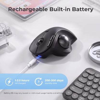 seenda Wireless Trackball Mouse, Ergonomic Bluetooth Rollerball Mouse,Black | USB-C rechargeable, 3-device Bluetooth+2.4G USB, thumb control, 5-level DPI and space-saving comfort for laptop, PC and Mac. - color: Black