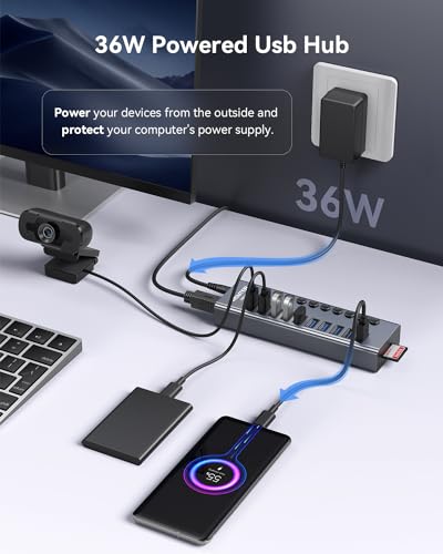 WENTER Powered USB Hub 3.0 with SD/TF Card Reader, Aluminum 10 Port Powered USB Hub (9 USB 3.0 Data Transfer Port & 1 USB Fast Charging Port Hub) USB 3.0 Hub for PC, Laptop - size: 9+1