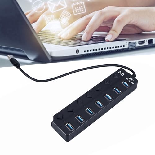 Powered USB 3.0 /USB C Hub, Multi Port Splitter, ABS 7-Port USB Hub Splitter Adapter Individual On/Off Switches and for Laptop PC Mobile Devices