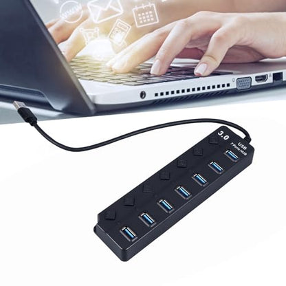 Powered USB 3.0 /USB C Hub, Multi Port Splitter, ABS 7-Port USB Hub Splitter Adapter Individual On/Off Switches and for Laptop PC Mobile Devices