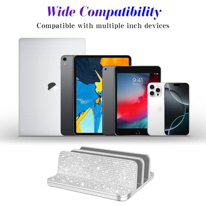 Bling Vertical Laptop Stand, Double Desktop Stand Holder with Adjustable Dock (Up to 17.3 inch),Compatible with All MacBook/Surface/Samsung/HP/Dell/Chrome Book (Silver Glitter Rhinestones)
