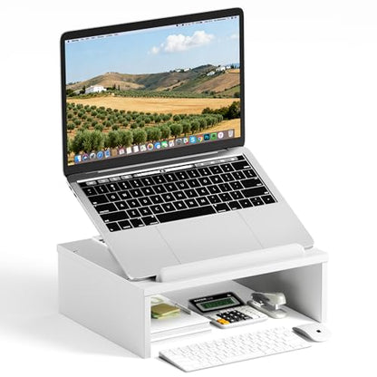 AFOOYO Adjustable Wood Laptop Stand with Storage Space - Notebook Organizer & Ergonomic Computer Riser, Wrist Rest Included, Compatible with 9.8-15'' Laptops (MacBook Air Pro/HP/Dell/Lenovo),White - color: White
