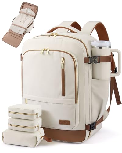 LOVEVOOK 40L Travel Backpack for Women Men with Garment Bag, Airline Approved Carry on Luggage Travel Essentials with 3 Packing Cubes, TSA Overnight Bags Weekender Essentials Backpacks fits 17" Laptop - color: Beige-brown, size: 40L-4Pcs