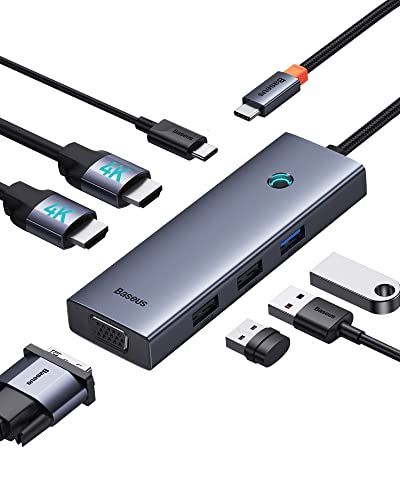 Docking Station Dual Monitor, Baseus 7 in 1 Laptop Docking Station 3 Monitors, USB C HUB with 4K HDMI, VGA, 100W PD, 3 USB for iPhone 15/MacBook/Dell/HP - size: 6 in 1