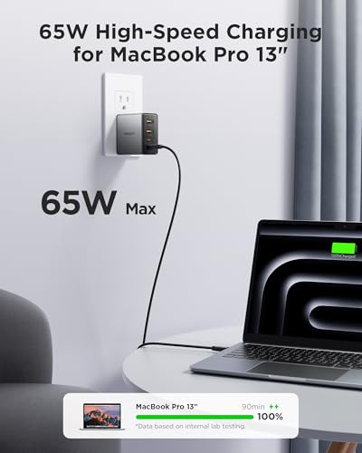 PISEN 65W USB C Charger - 4-Port GaN Fast Charging Block Type C Charger Fast Charging Wall Plugs with 4FT C to C Cable for MacBook Pro/Air, iPhone 16/15/14, iPad Pro, Galaxy S24, Pixel 8, Steam Deck