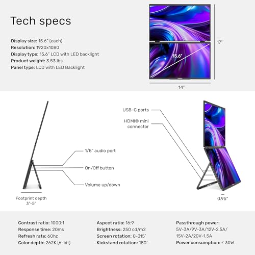SideTrak Solo Book 15.6" Foldable Dual Screen Portable Monitor - FHD Portable Stacked Monitor, External Display for Laptop, Extender with Stacked Dual Monitors for Mac, PC, and Chromebook