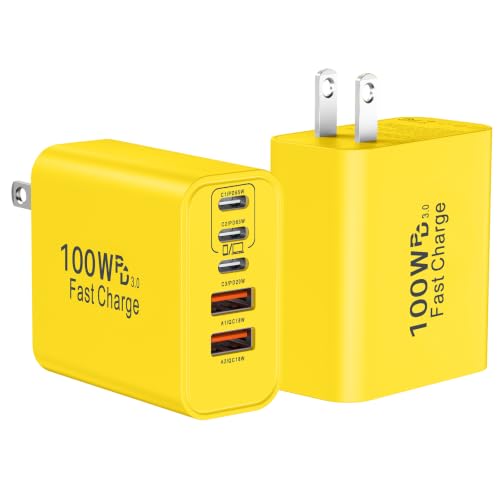USB C Super Fast Charger Block, 100W USBC Wall Charger Plug, 2Pack 5-Port 65W Type C Phone Charging Cubes Multiport Power Adapter for iPhone 17/16/15/14/13/12 Series,Galaxy S26/S25 Ultra,iPad-Yellow - color: Yellow