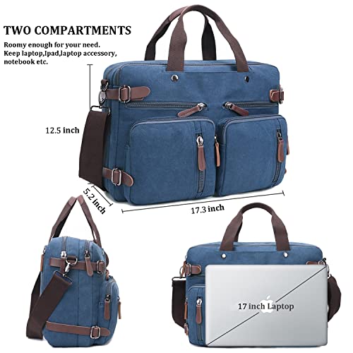 CROCOD 3 In 1 Canvas Convertible Laptop Bag for Men Women, 17.3 inch Laptop Messenger Bag Work Briefcase, Computer Shoulder Bag for Travel Business Office (17.3 Inch, Blue) | 3 In 1 - color: Blue
