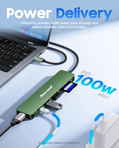 Hiearcool USB C Hub, 7-in-1 USB C Dongle for MacBook, HDMI, PD, Green - color: Green