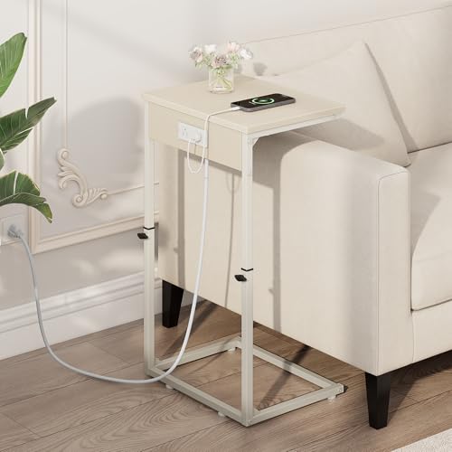 C Shaped End Table with Charging Station, Adjustable Height Side Table for Couch, Small Side Table, 33.2'' Tall Couch Tables that Slide Under, Tv Tray End Table for Living Room, Beige - color: Beige (1 Pack), style: With Plug